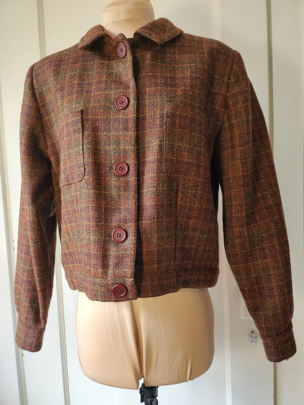 Vtg 100% Wool Autumn Leaves Brown Checked Plaid Tweed Bomber Jacket